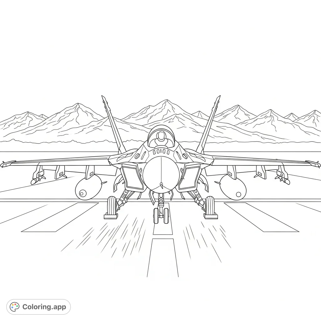 Experience the thrill of aviation with this fighter jet coloring page. A powerful aircraft awaits takeoff on a runway with majestic mountains in the distance.