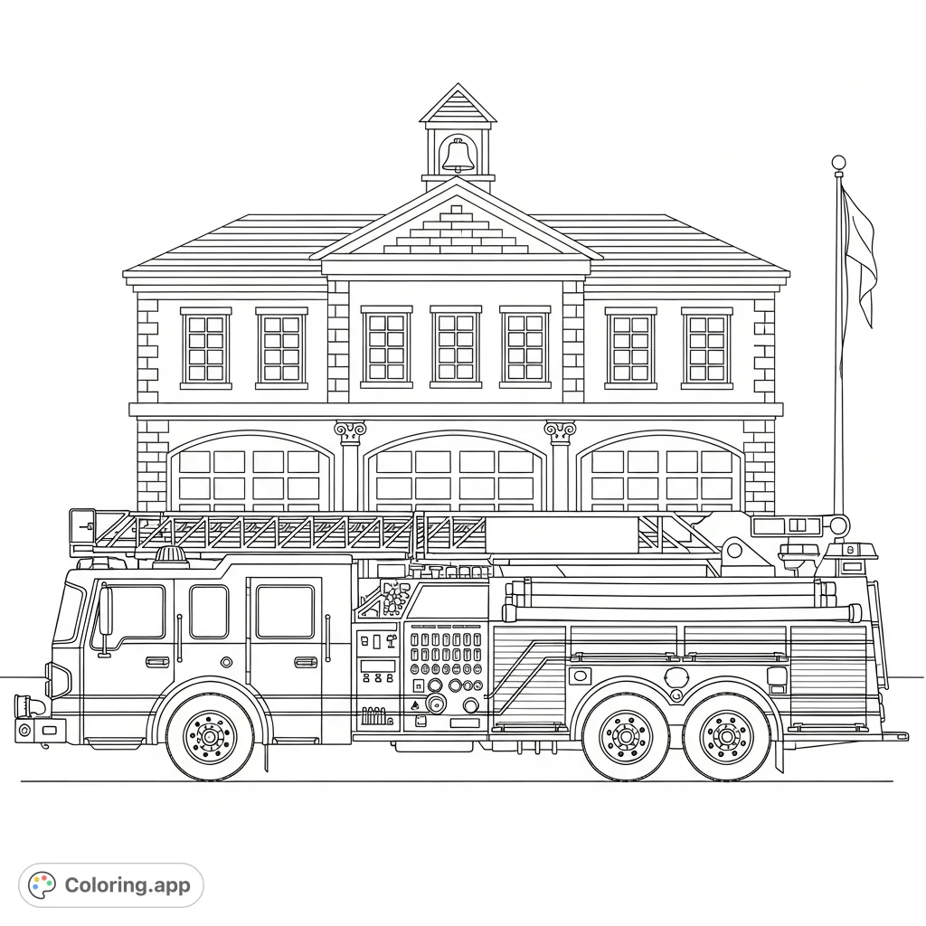 A highly detailed coloring page featuring a robust fire truck parked in front of a classic fire station with bay doors, windows, and a bell tower.