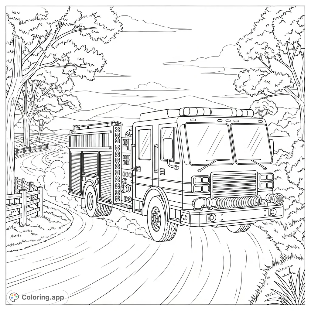 A detailed fire truck navigates a dusty rural road, featuring ladders, hoses, and emergency lights, with trees and hills in the background.