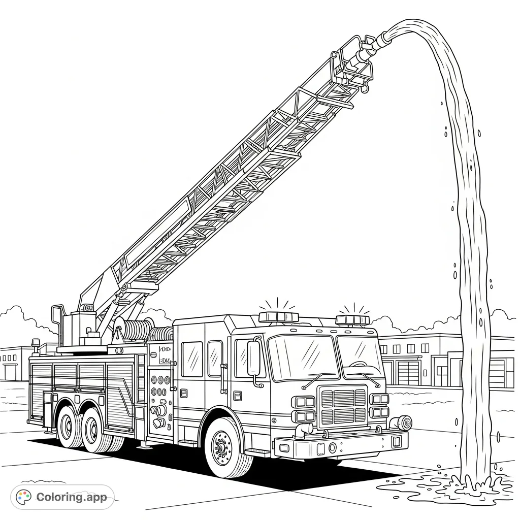 A detailed fire truck with its ladder extended, powerfully spraying water during a practice session. Features include compartments, hoses, and lights, set against training buildings.