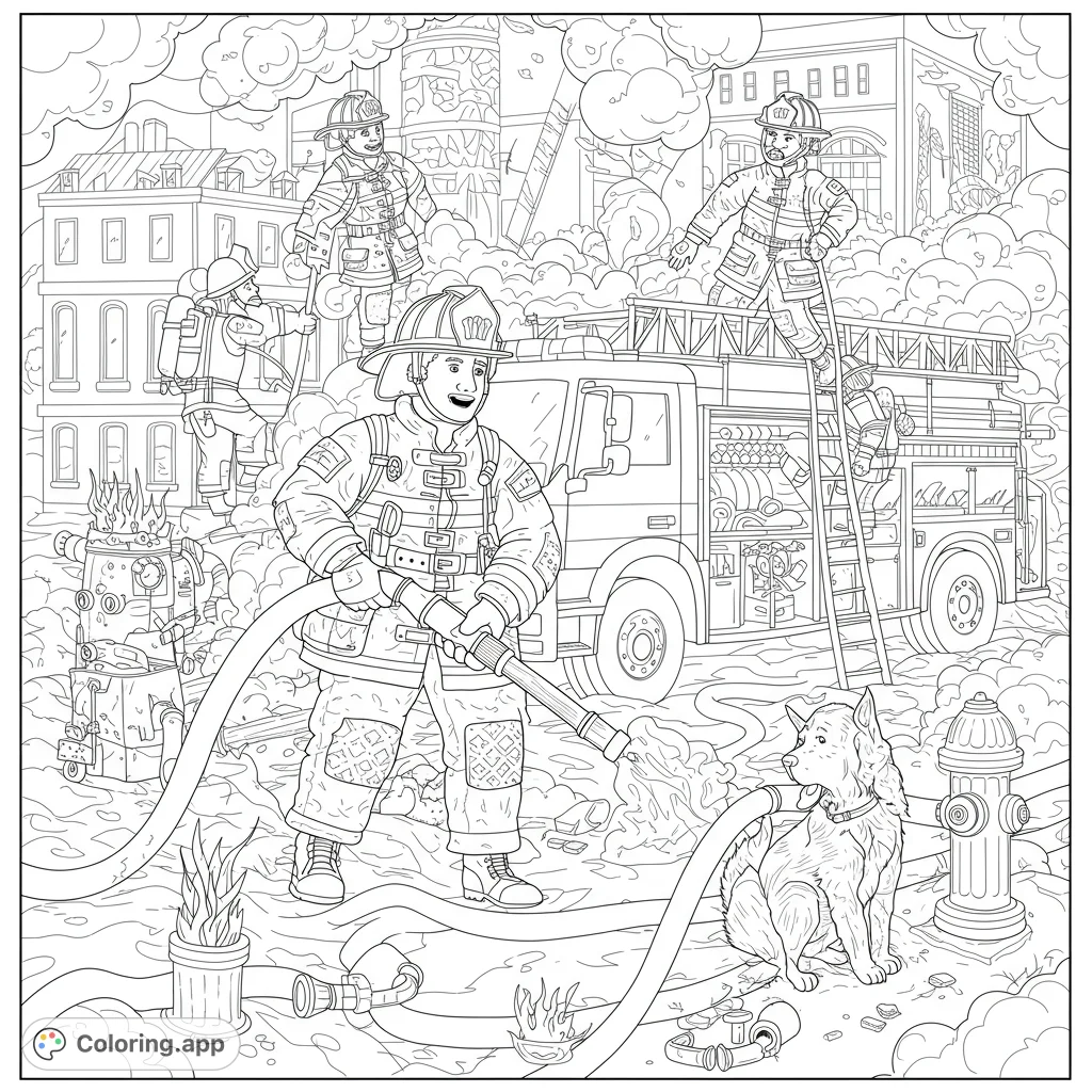 Dynamic firefighter coloring page featuring brave heroes, a detailed fire truck, and a loyal dog battling a blaze in a bustling city scene.