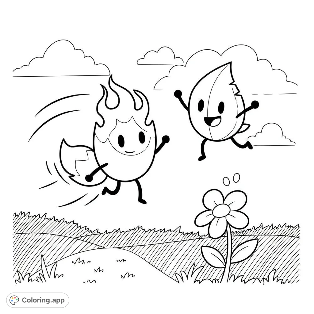 Join Firey and Leafy in a playful, dynamic chase across a grassy meadow, featuring bold lines and fun details perfect for a vibrant coloring adventure.