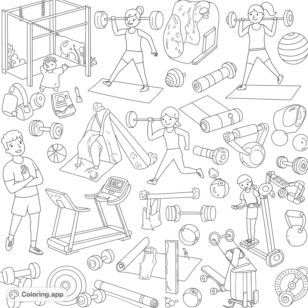 A dynamic fitness coloring page featuring various exercises, gym equipment, and active people. Perfect for health enthusiasts of all ages.