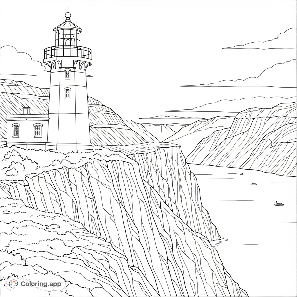 A majestic lighthouse guards a dramatic fjord coastline with towering mountains and calm waters, perfect for detailed coloring exploration.