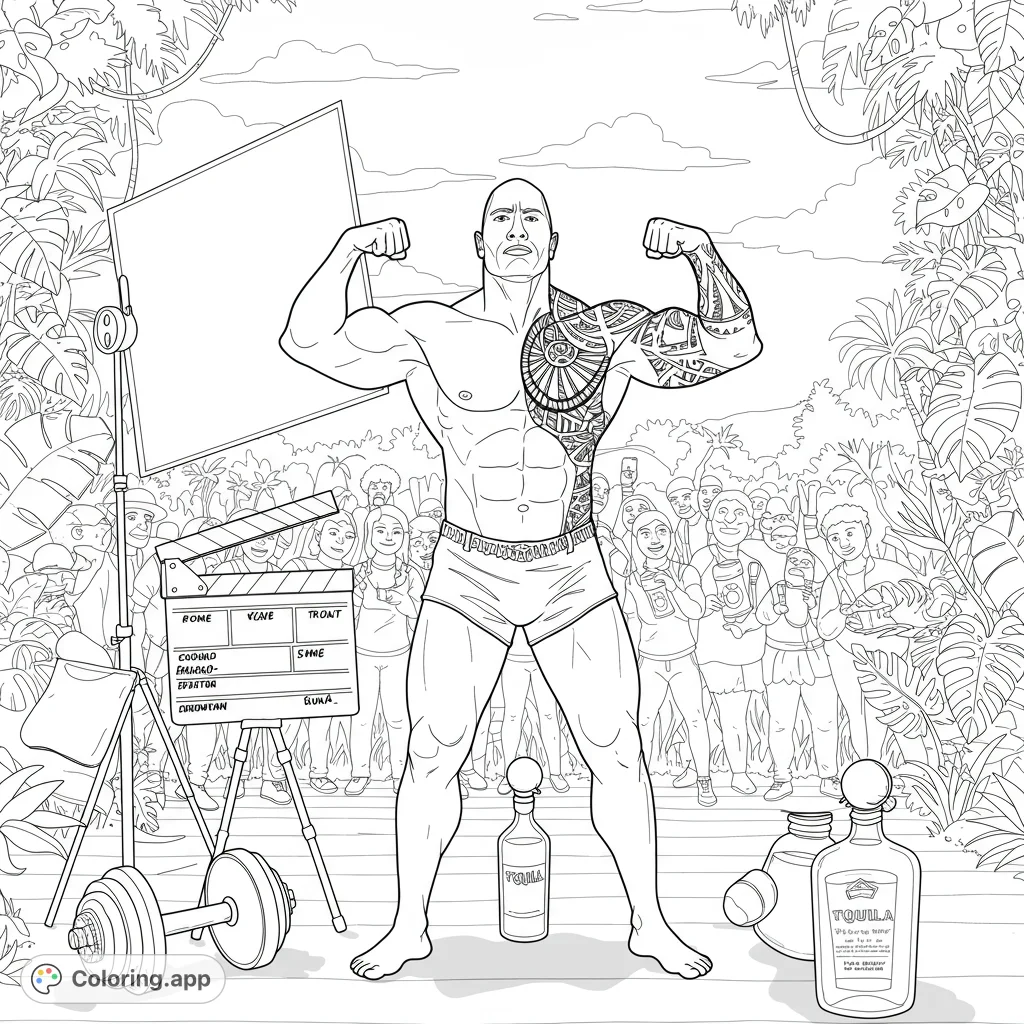 A powerful, muscular action hero flexing on a jungle film set, surrounded by an excited crowd and movie props. A dynamic, action-packed scene.