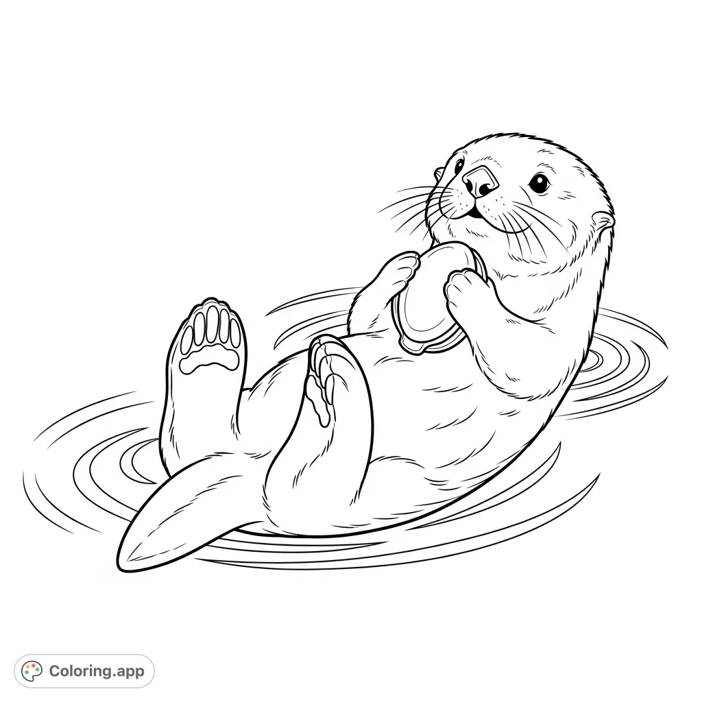 A delightful coloring page featuring a sea otter floating peacefully on its back, gently cradling a small shell against its chest.