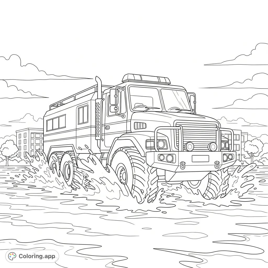 A powerful flood rescue truck navigates shallow waters, featuring simplified splashes and a background of partially submerged buildings and distant trees.