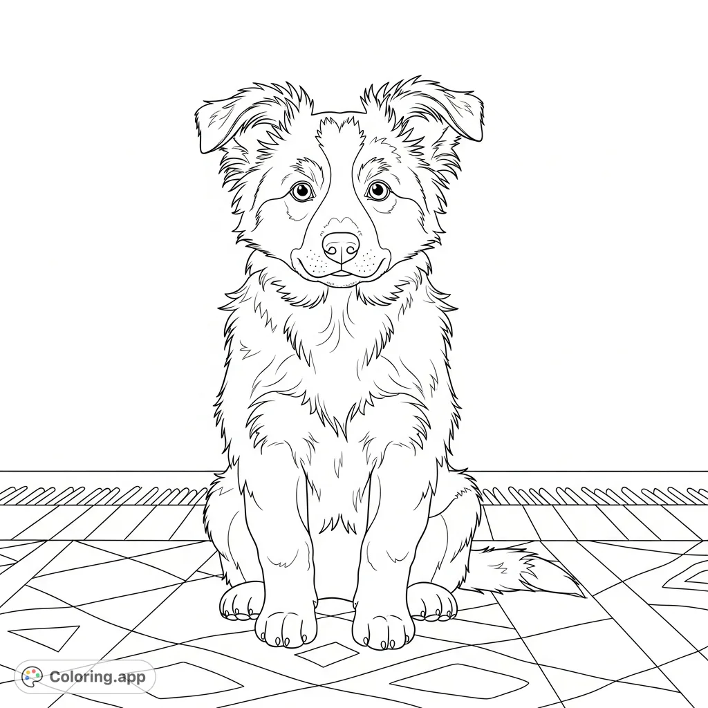 A delightful Border Collie puppy with oversized ears and a fluffy coat sits on a patterned rug, ready for creative coloring fun.