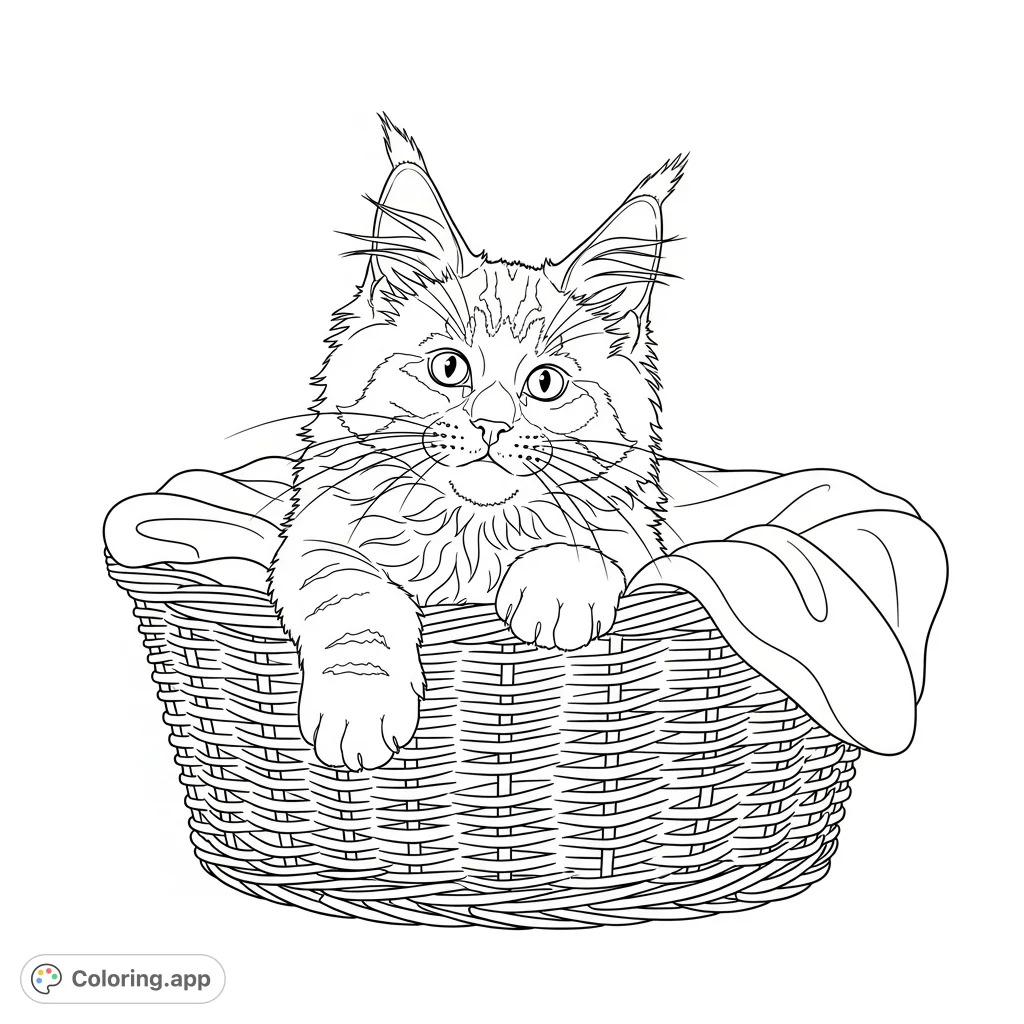 A charming Maine Coon kitten peeks from a cozy basket with simplified blanket folds, perfect for a relaxing coloring session.