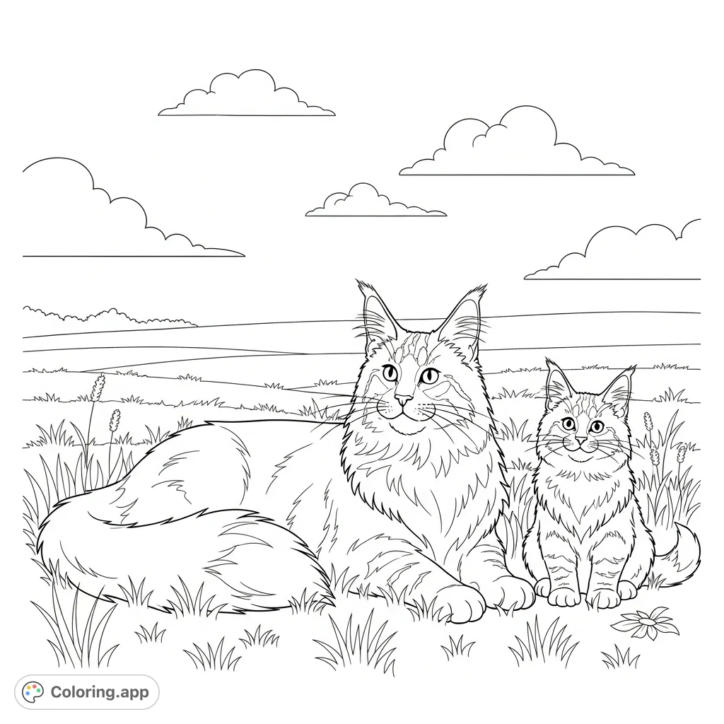 A heartwarming scene featuring a majestic Maine Coon and a playful kitten nestled in a serene grassy field under a sky dotted with simple, fluffy clouds.