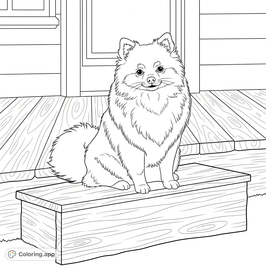 A charming Pomeranian sits on a wooden porch step, its fluffy form and sweet expression inviting creativity. Perfect for dog lovers to color and cherish.