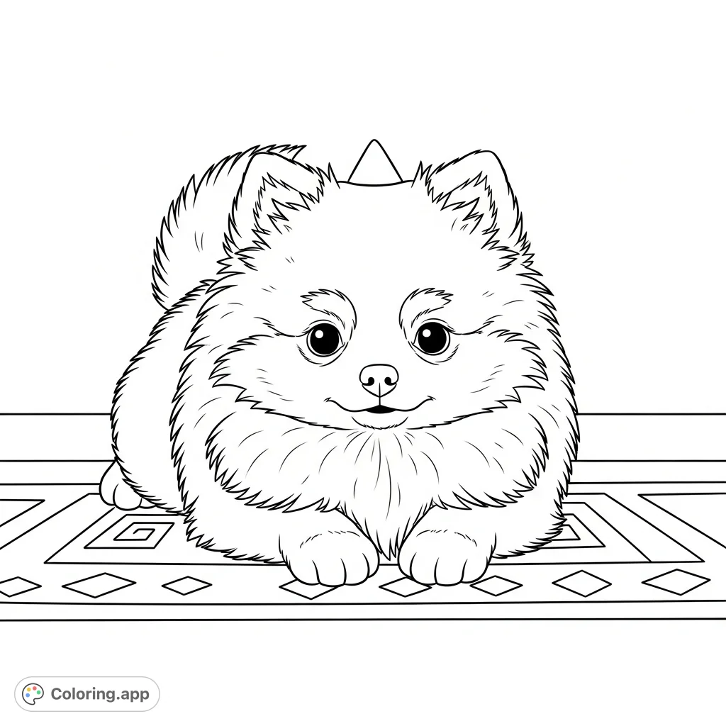 A cute Pomeranian puppy relaxes on a patterned rug, its fluffy fur and expressive eyes ready for a delightful burst of color. Perfect for all ages!