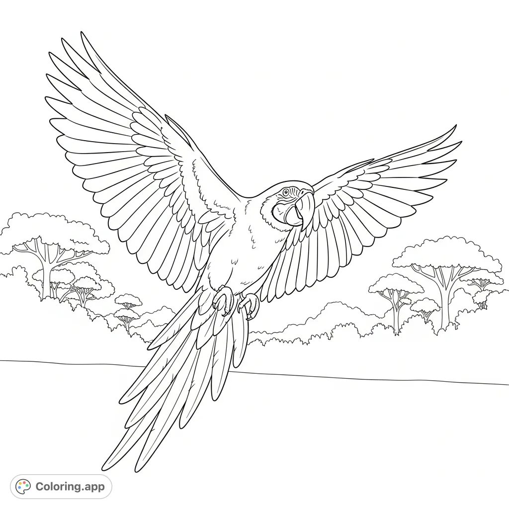 Capture the essence of a parrot in dynamic mid-flight with wings fully extended and tail fanned. A minimal jungle silhouette frames this graceful aviator.