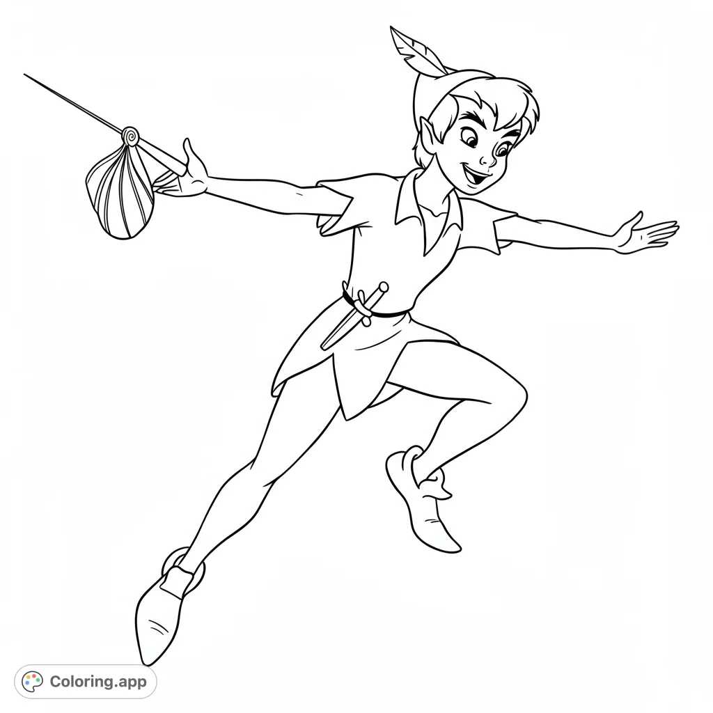 An adventurous Peter Pan coloring page, perfect for kids and adults. Features the iconic flying boy with his satchel and dagger, ready for Neverland adventures.