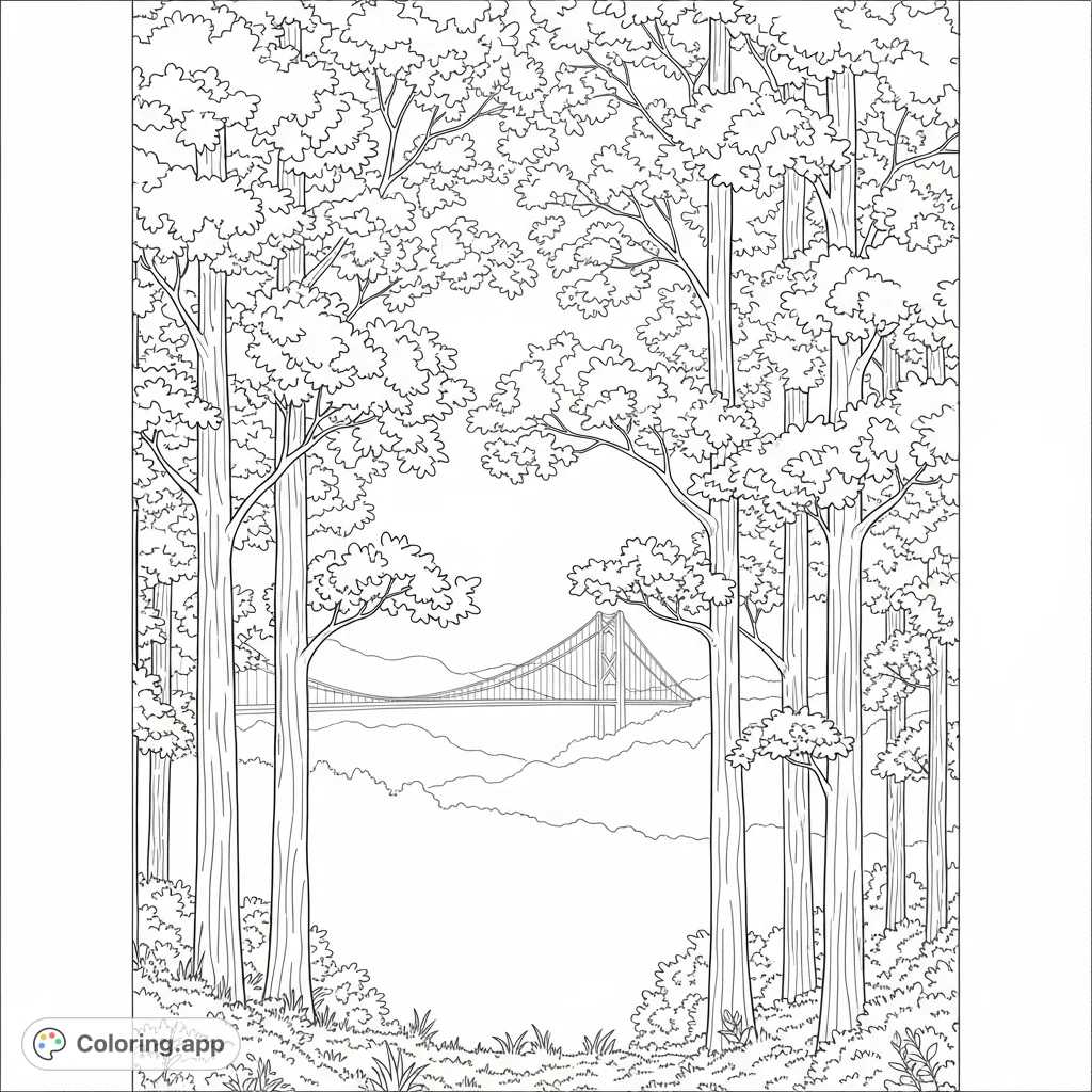 A serene foggy morning scene featuring tall trees in the foreground, partially revealing a majestic suspension bridge in the distance through the mist.