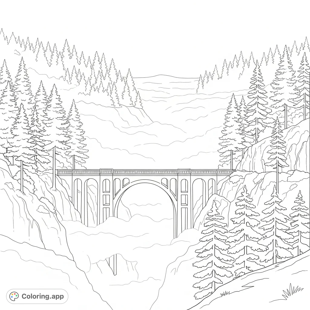 Explore a serene coloring page featuring a robust bridge stretching across a foggy valley, flanked by pine tree silhouettes that fade into the distance.