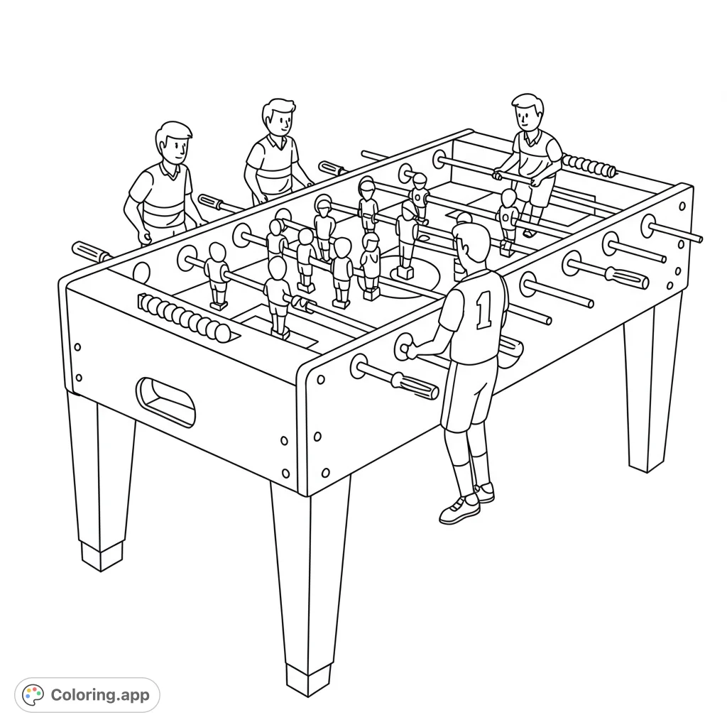 Dynamic foosball game featuring four players around a detailed table with miniature figures. A free printable foosball coloring page for sports fans.