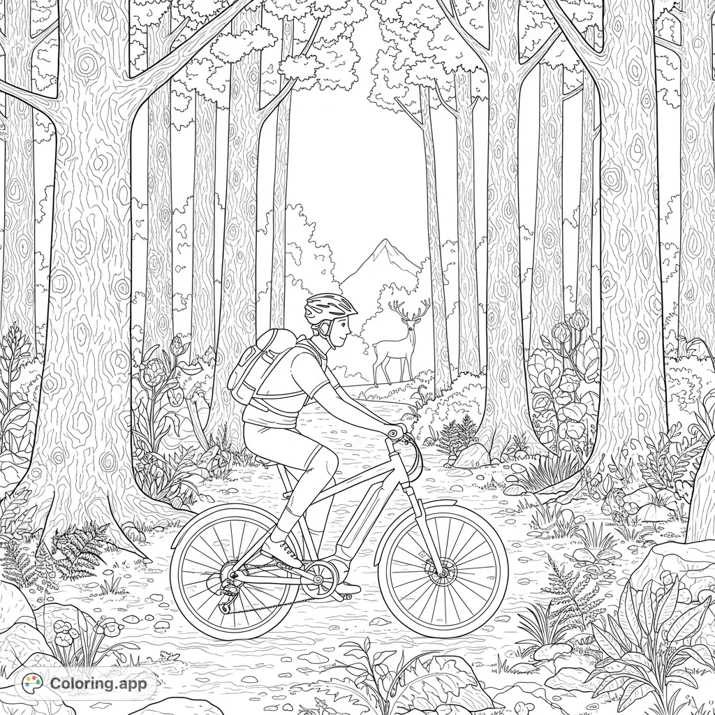 Explore a forest biking adventure coloring page featuring a cyclist on a trail, surrounded by detailed trees, plants, and a distant deer.