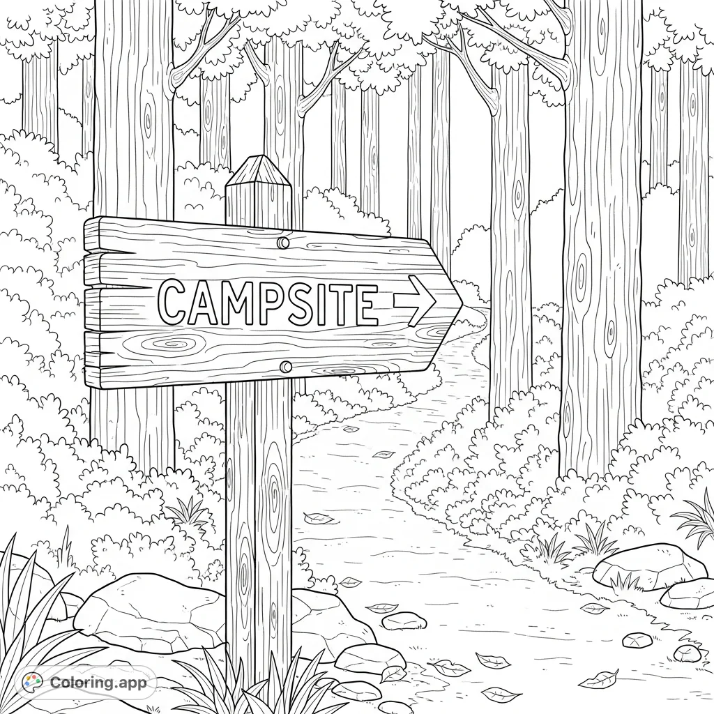 A detailed coloring page featuring a rustic trailhead sign pointing to a campsite, with a winding forest path and dense trees in the background.
