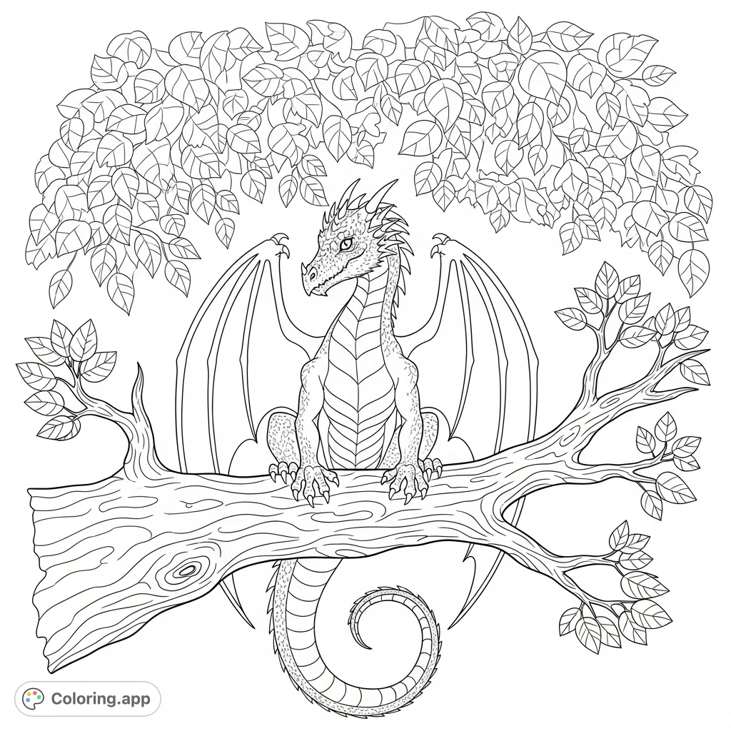 A majestic dragon rests on a gnarled tree branch, wings tucked, beneath a dense forest canopy. Intricate scales and detailed bark create a captivating scene.