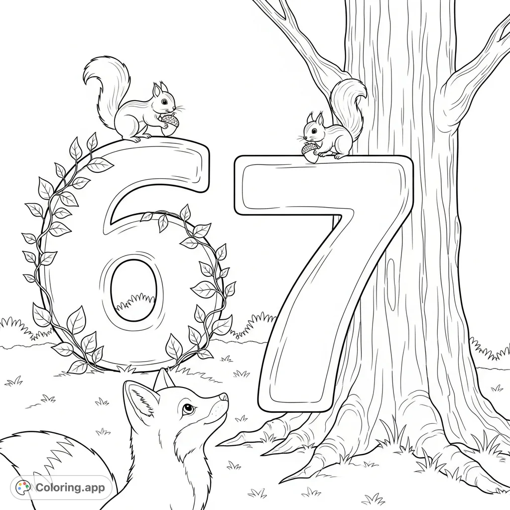 A lively forest scene with a playful fox and two curious squirrels exploring gigantic numbers '6' and '7' amidst leafy vines and an ancient oak tree.