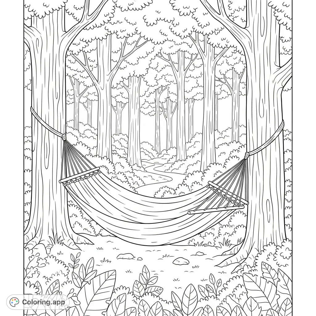 A tranquil forest scene featuring a gently swaying hammock strung between two trees, inviting a peaceful escape into nature's embrace.