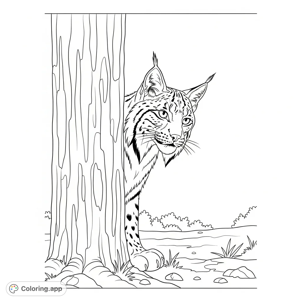 A majestic lynx peeks from behind a towering tree trunk, its tufted ears and keen eyes visible. A simplified forest floor completes this serene wildlife scene.