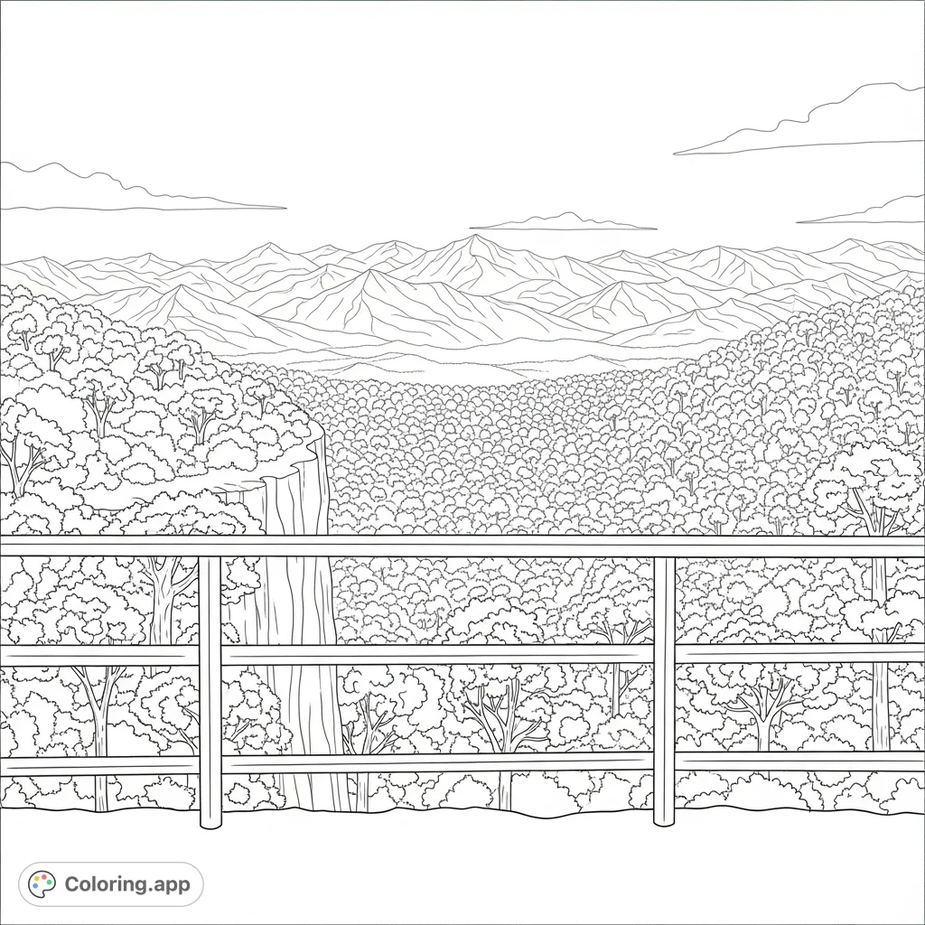 Explore a serene forest overlook, featuring a sturdy railing, dense trees stretching into a valley, and majestic distant mountain peaks under a vast sky.