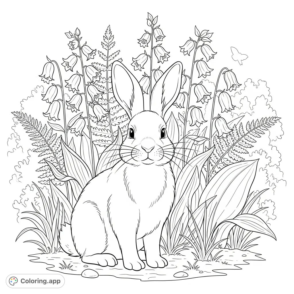 A charming rabbit with long ears and a gentle expression rests amidst a vibrant collection of tall forest wildflowers, inviting a peaceful coloring experience.
