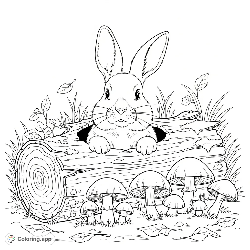 A charming scene featuring a fluffy rabbit peeking from a weathered hollow log, surrounded by detailed mushrooms and forest floor elements, perfect for nature lovers.