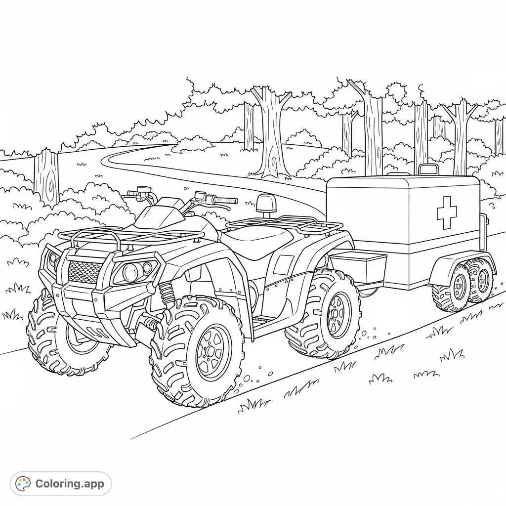 Embark on an exciting journey with a rugged rescue ATV and its medical trailer speeding along a simplified forest path. Perfect for vehicle enthusiasts!