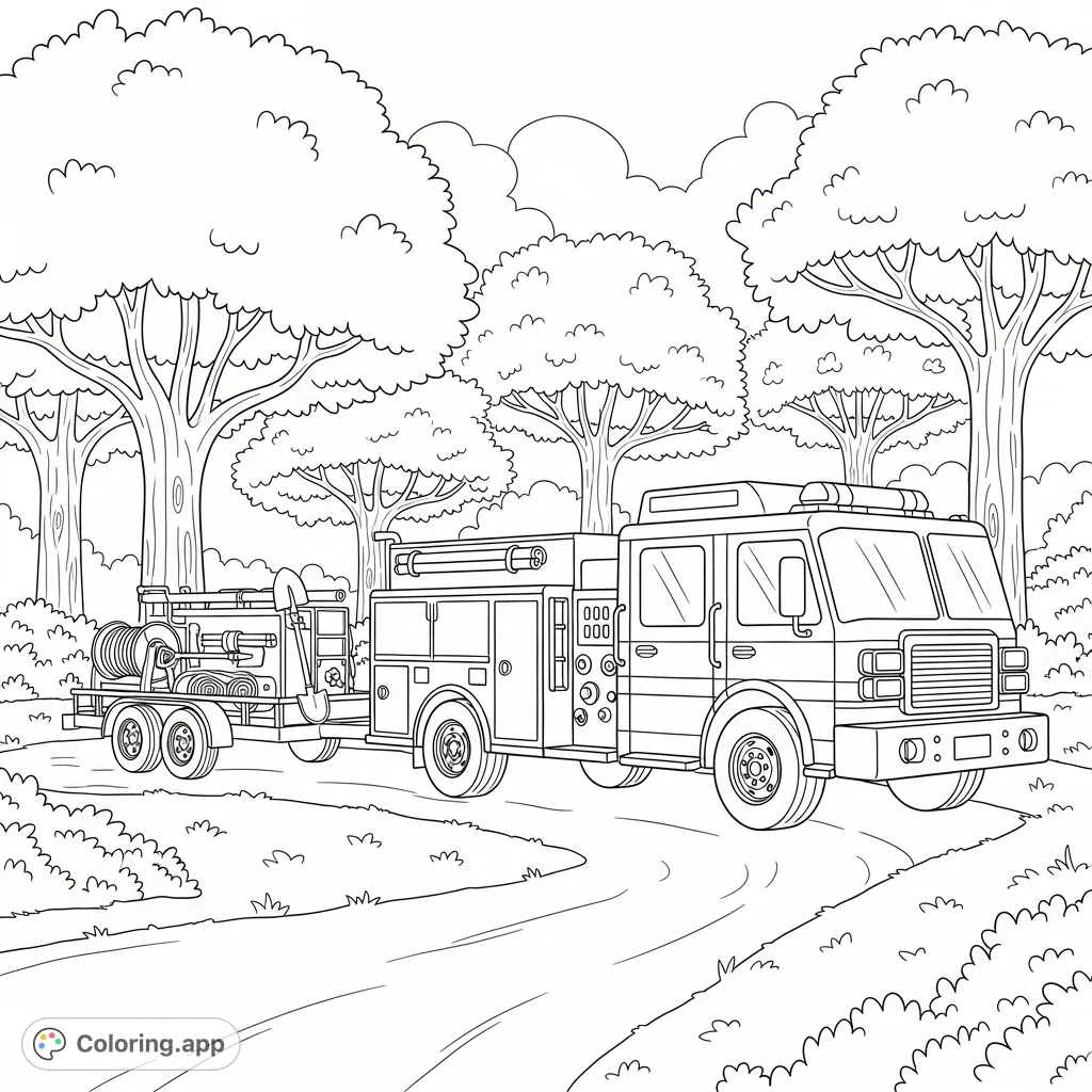 A detailed coloring page featuring a sturdy rescue truck towing a small equipment trailer through a simplified forest, ready for an adventure.