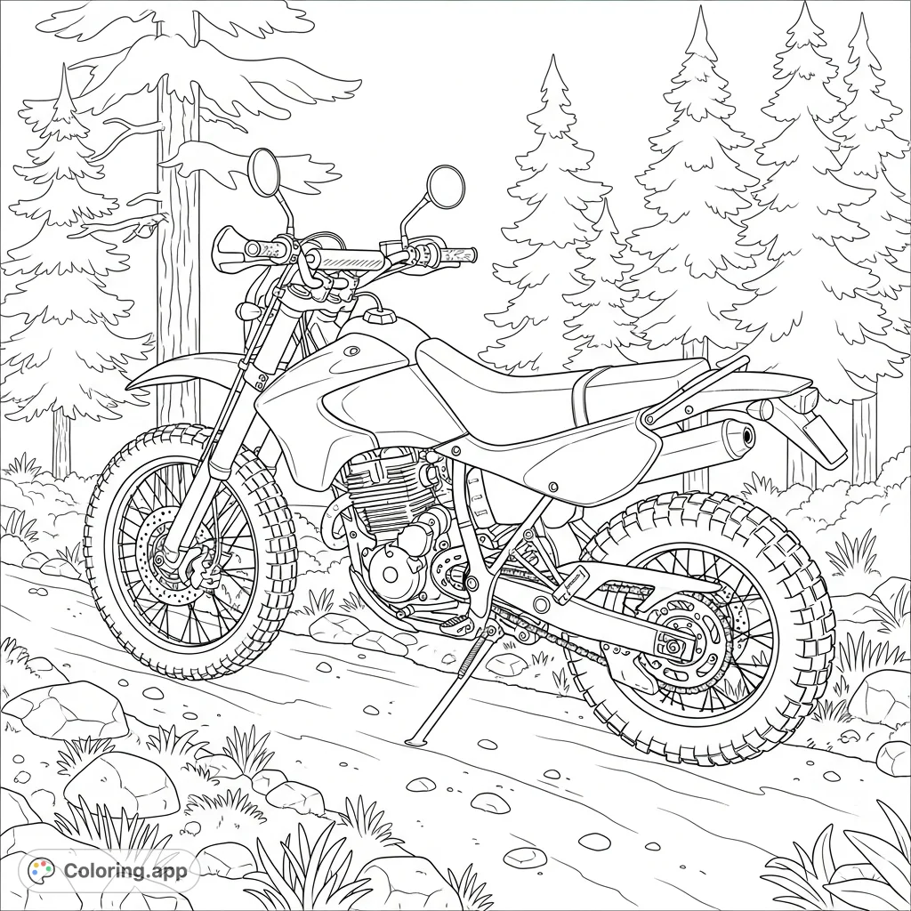 A rugged dirt bike is parked on a winding forest trail amidst tall pine trees, offering an exciting scene for off-road adventure enthusiasts to color.