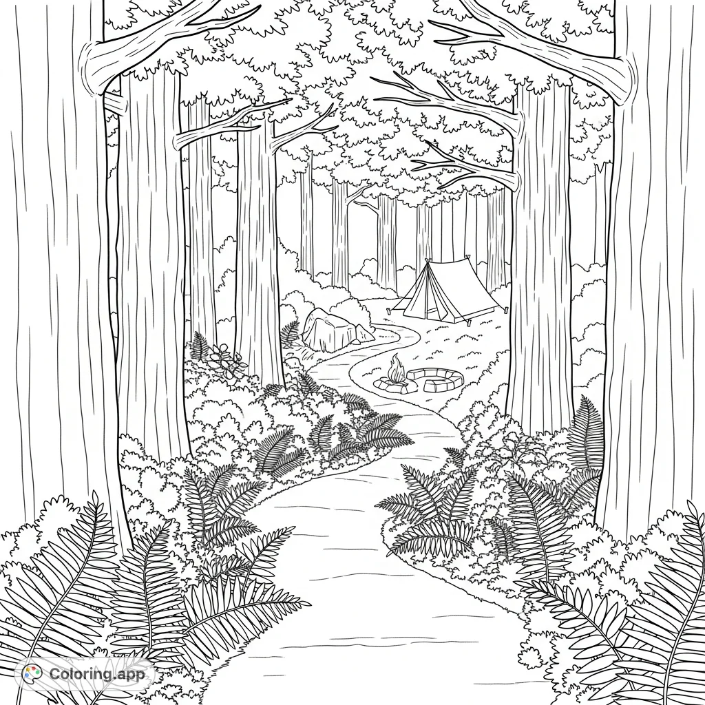 Explore a serene forest trail leading to a secluded campsite. Features winding paths, detailed tree trunks, and abundant ferns, perfect for nature lovers.