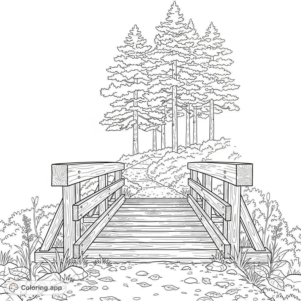 A tranquil coloring page featuring a sturdy wooden beam bridge over a forest trail, flanked by towering pine trees and lush ground cover, perfect for nature lovers.
