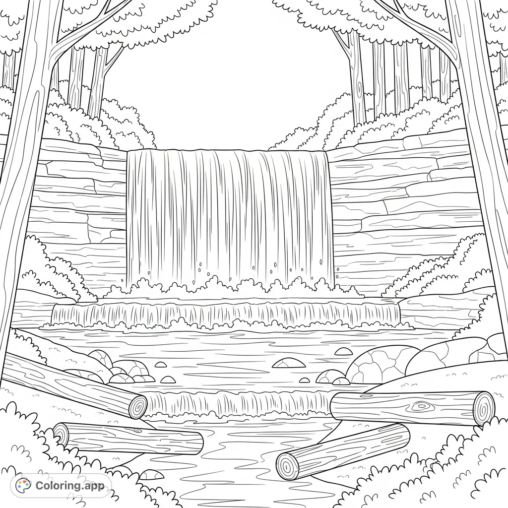 Immerse yourself in nature with this detailed coloring page featuring a powerful waterfall cascading over a rocky ledge, surrounded by a lush forest and simplified fallen logs.