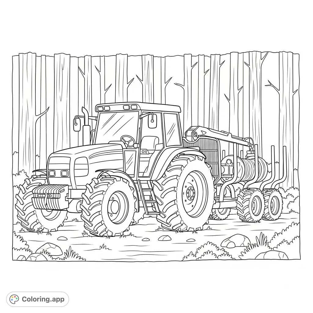 A detailed coloring page featuring a robust tractor with a forestry winch, positioned in a woodland clearing with simplified trees and ground cover.