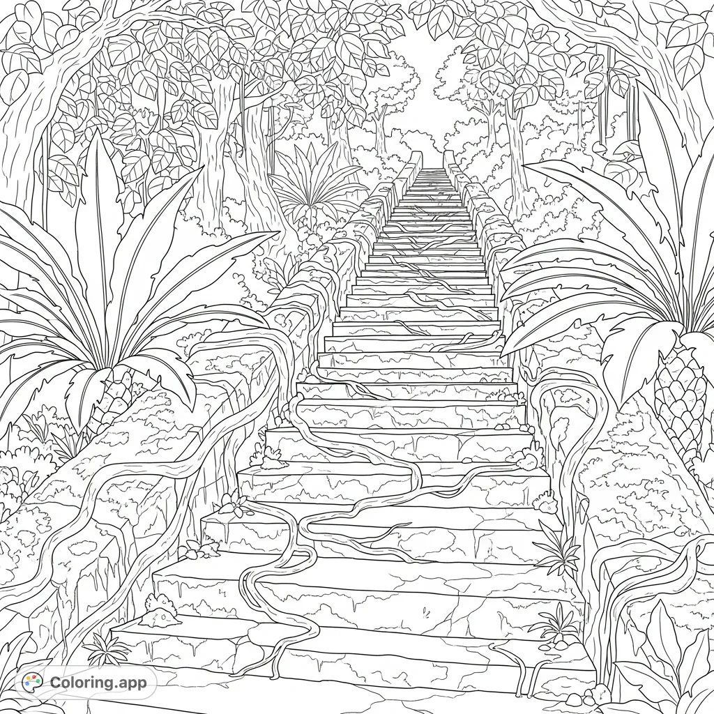 Intricate ancient stone steps consumed by vibrant jungle growth. Thick vines, leafy ferns, and soft moss intertwine, creating a captivating scene of nature's reclaim over time.