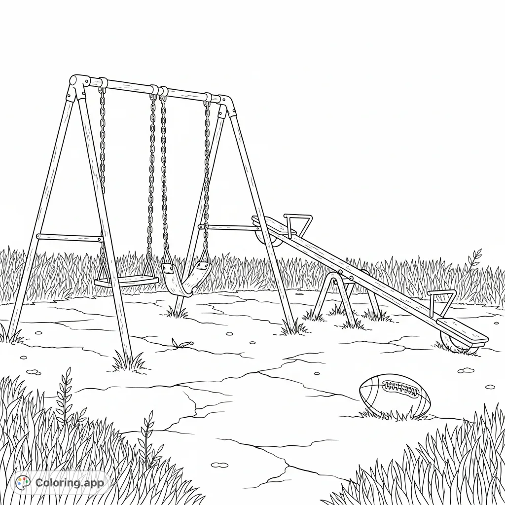 Explore a poignant scene of a forgotten playground with a broken swing, tilted seesaw, and overgrown weeds. A captivating coloring page for reflection.