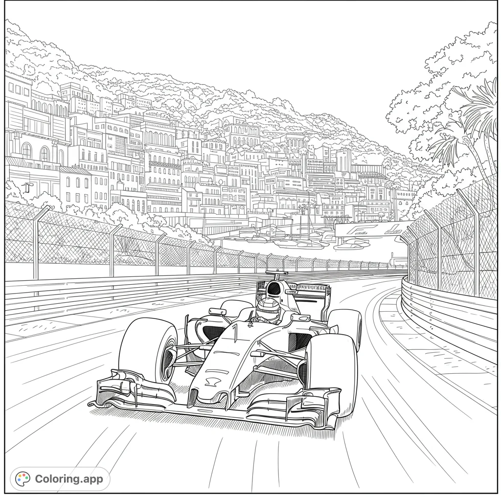 Experience the thrill of a Formula 1 race with this detailed coloring page featuring a high-speed car against a stunning cityscape and mountains.