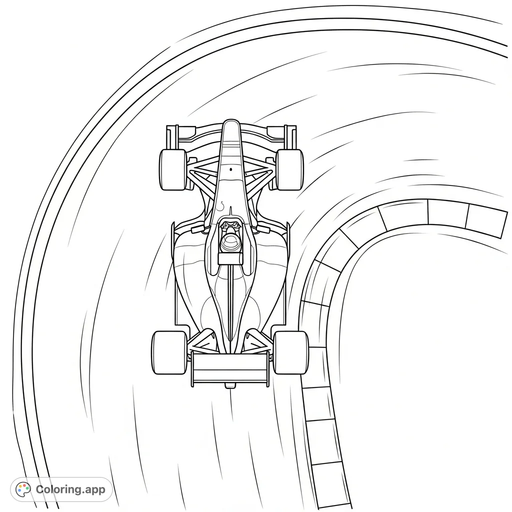 Experience the thrill of racing with this detailed Formula 1 car coloring page. A top-down view captures an F1 car mid-hairpin turn on a simplified track.