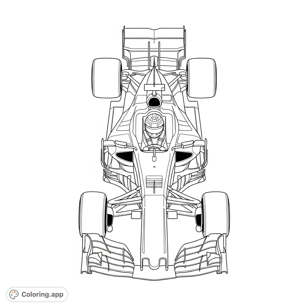 Experience the precision of an F1 race car from above! This detailed coloring page features aerodynamic bodywork, a halo device, and intricate wings.