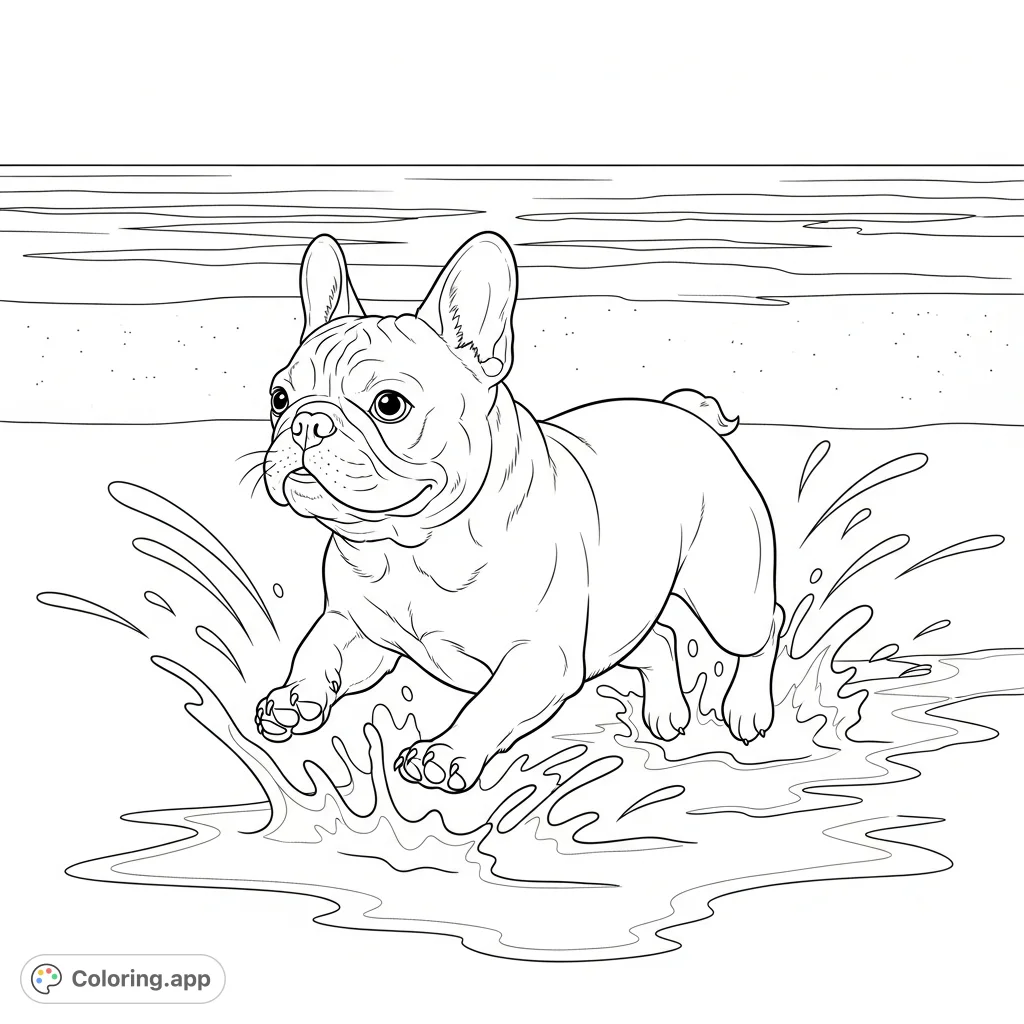 A joyful French bulldog sprints through shallow beach water, creating playful splashes. A delightful scene for animal lovers and beach enthusiasts to color.