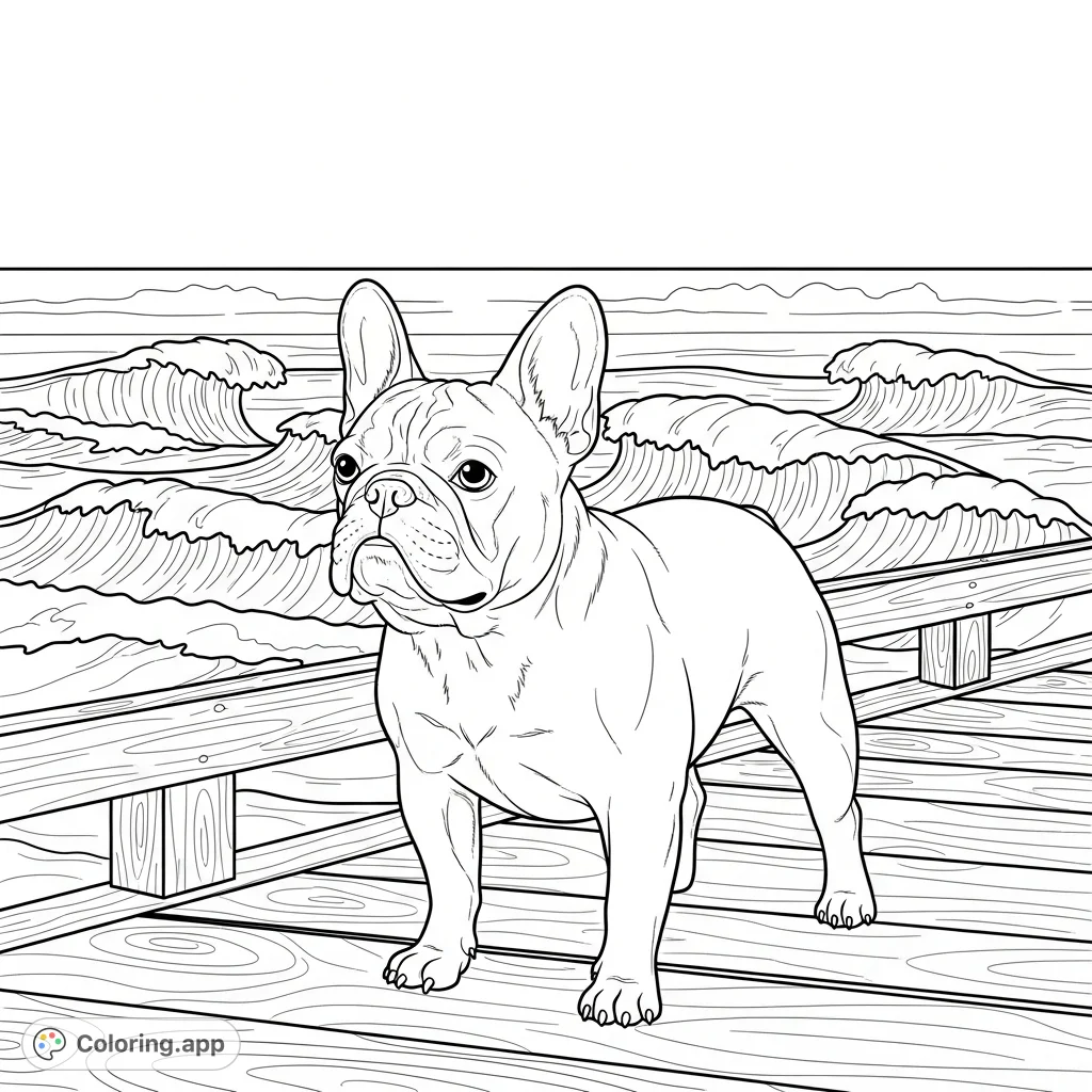 A charming French bulldog stands proudly on a wooden boardwalk, with dynamic ocean waves breaking behind it. Perfect for animal lovers and beach scene enthusiasts!