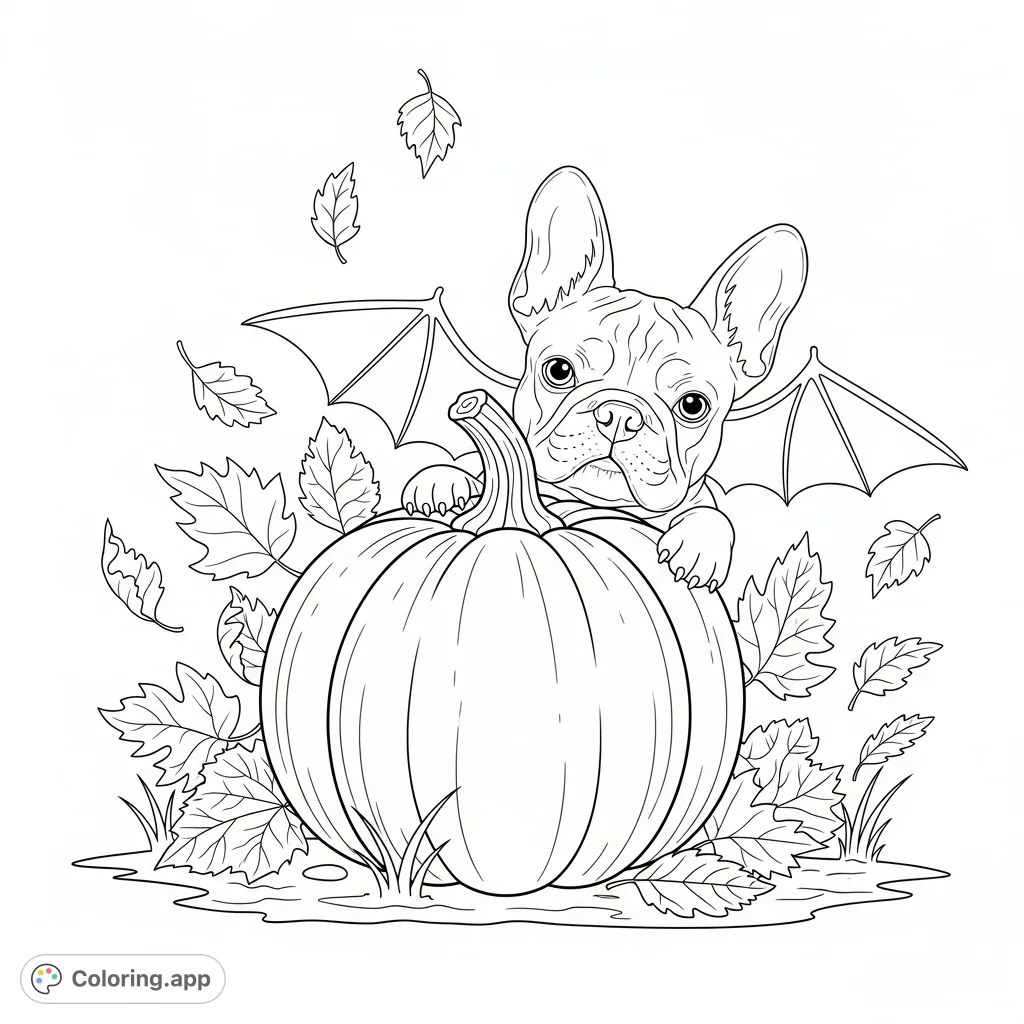 An adorable French bulldog playfully peeks from behind a large, ridged pumpkin, surrounded by scattered autumn leaves, creating a charming fall scene.