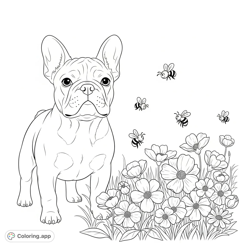 A cute French bulldog stands beside a vibrant flower patch with buzzing bees. A delightful scene for animal lovers and budding artists to color.