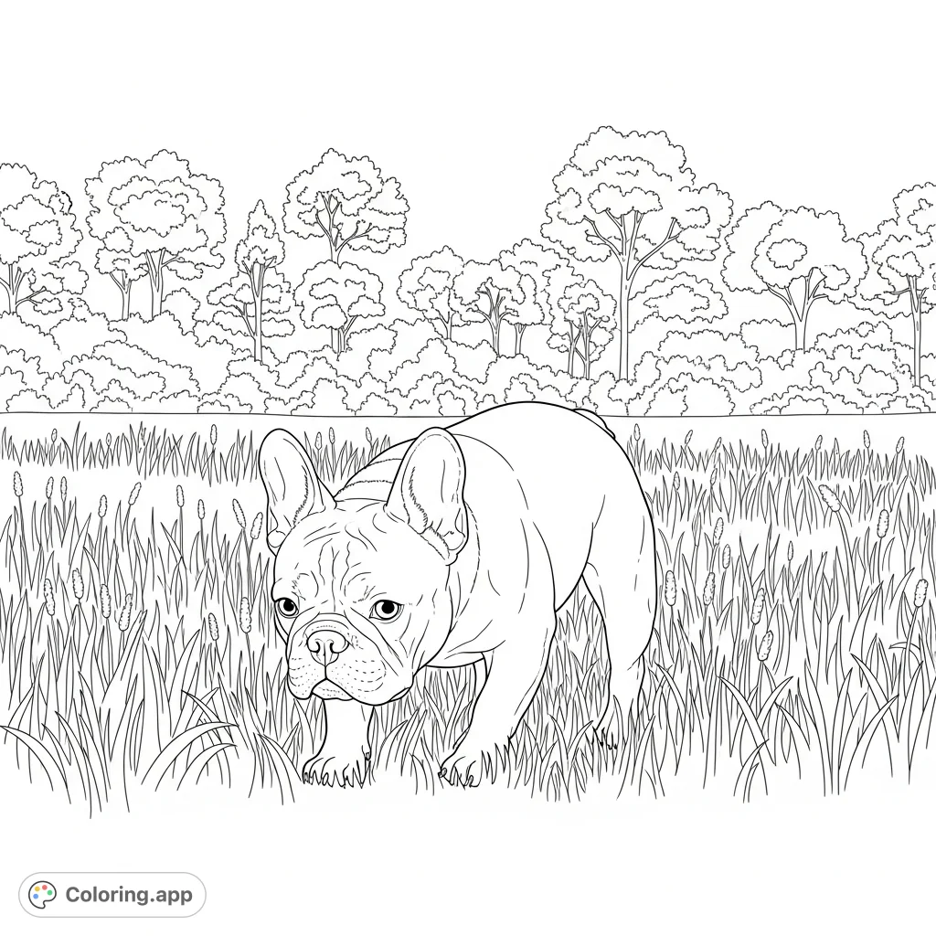 A charming French bulldog explores a field of tall grass, nose to the ground, with a backdrop of varied trees. A delightful scene for animal lovers.