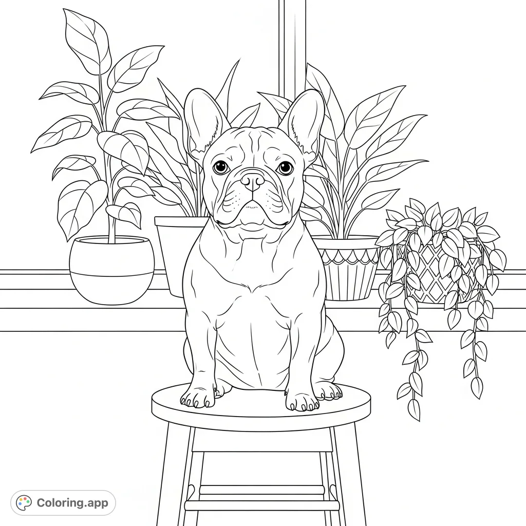 A charming French bulldog sits centered on a small stool, its bat-like ears and compact body detailed. Lush indoor potted plants create a leafy backdrop.