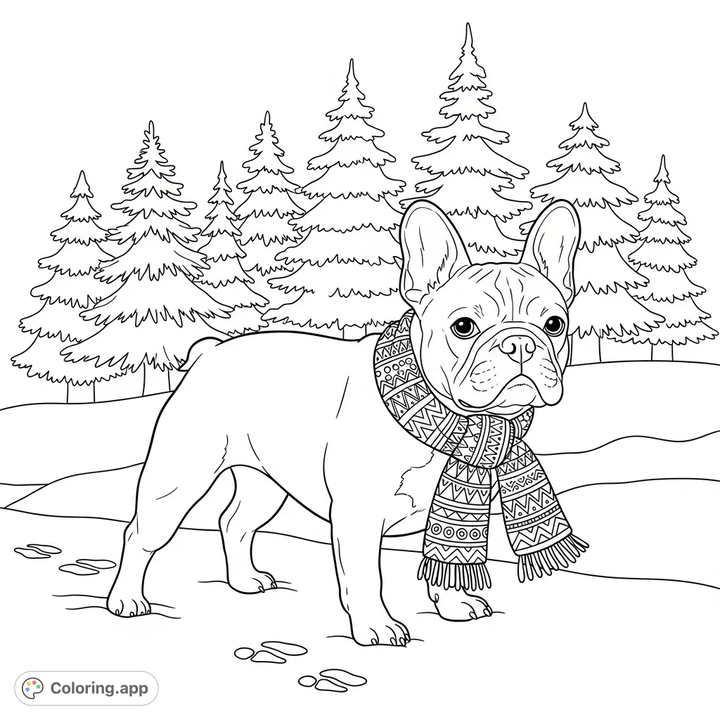 An adorable French bulldog, cozy in its patterned scarf, enjoys a peaceful winter walk along a snow-covered path bordered by majestic pine trees.
