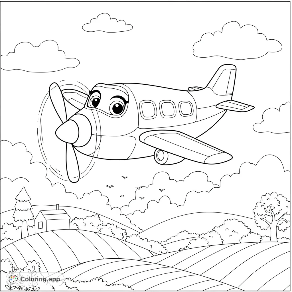 A friendly cartoon airplane soars over rolling hills and a charming farmhouse, with fluffy clouds and birds in the sky. Perfect for a fun, free printable coloring page!